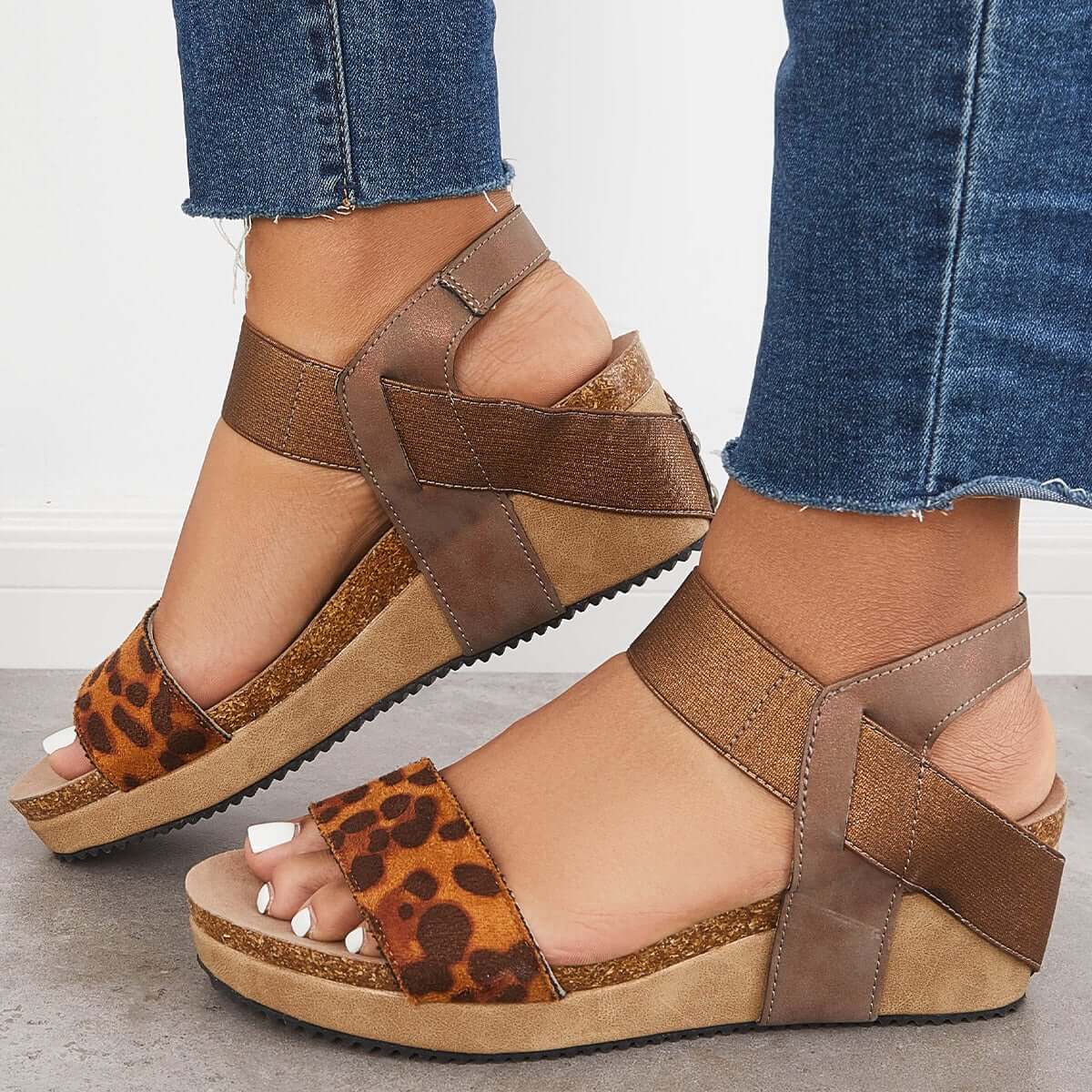 Open Toe Cork Footbed Platform Wedges Ankle Strap Sandals