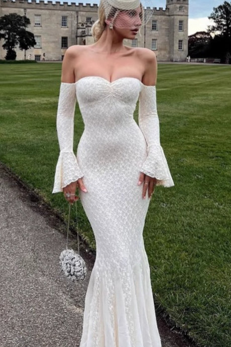 Bell Sleeve Strapless Lace Reception Dress