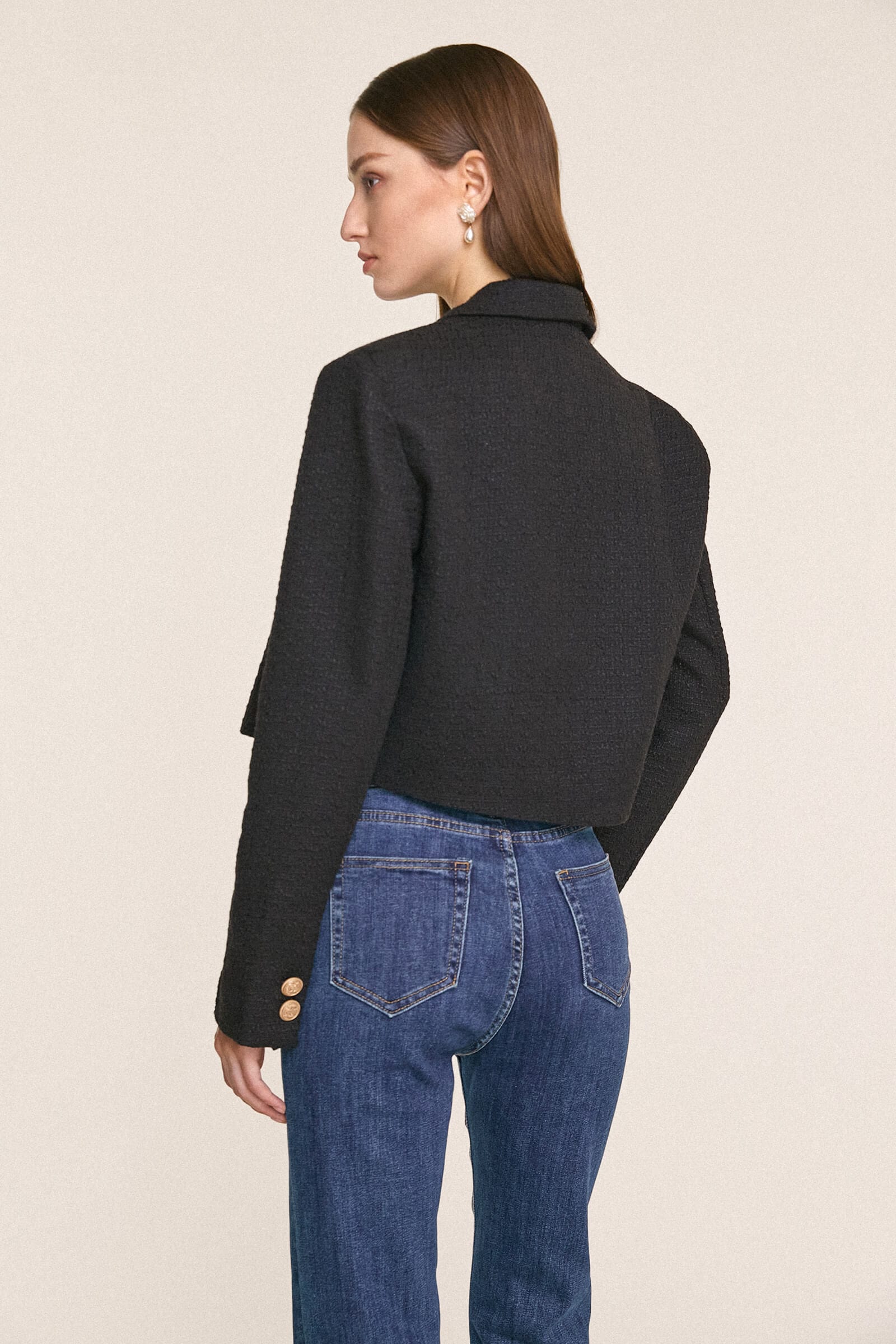 Black Textured Double-Breasted Cropped Tweed Blazer