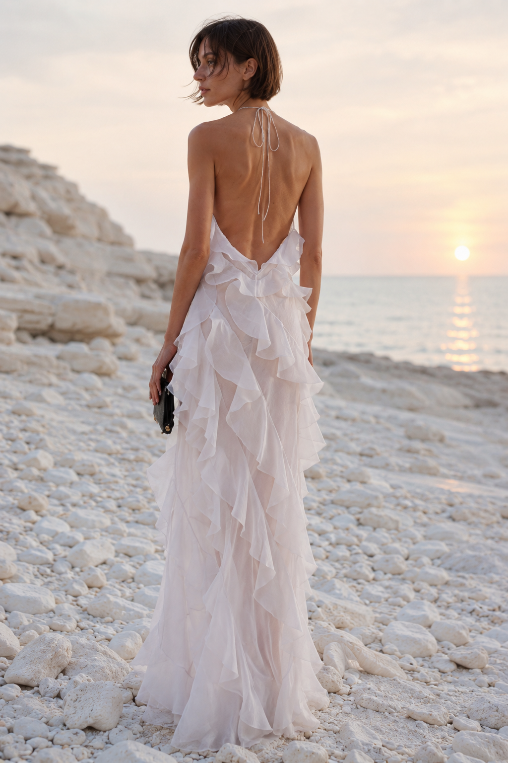 Plunge Mesh Asymmetric Ruffle Trim Long Slip Dress