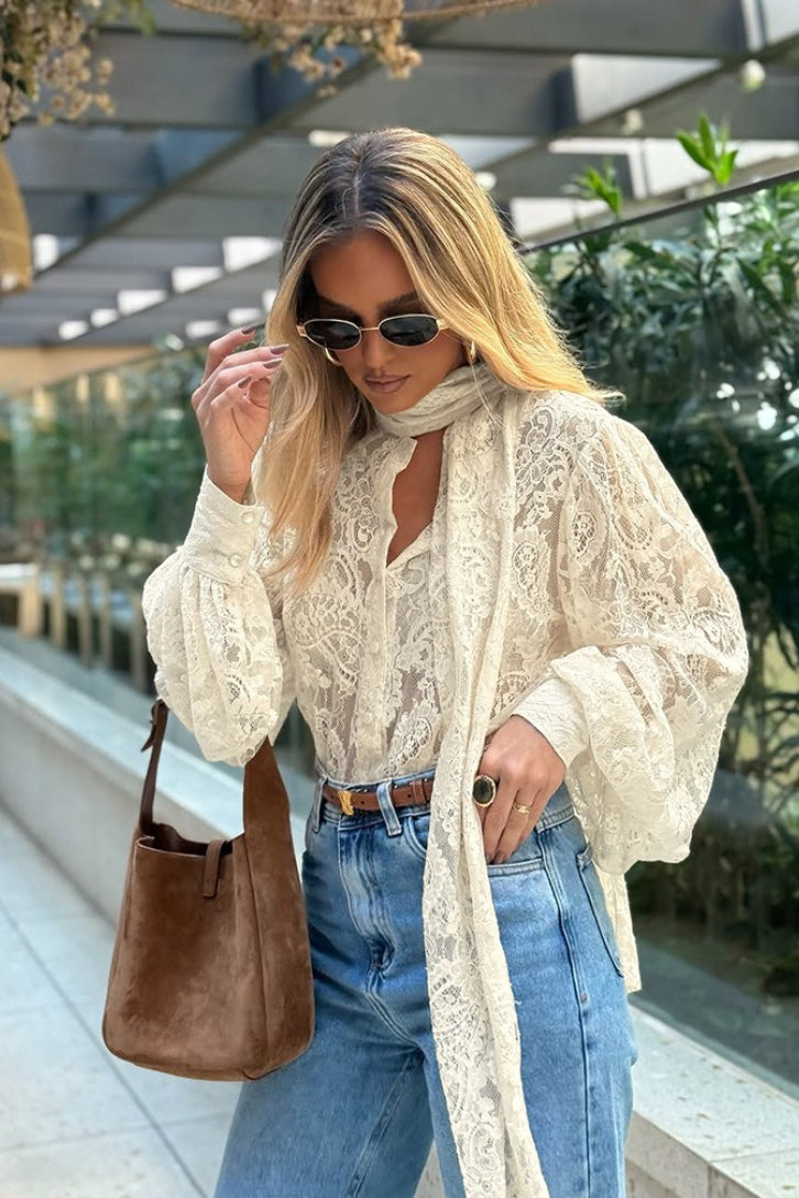 Sheer Lace Scarf Tie Neck Balloon Sleeve Blouse 4
