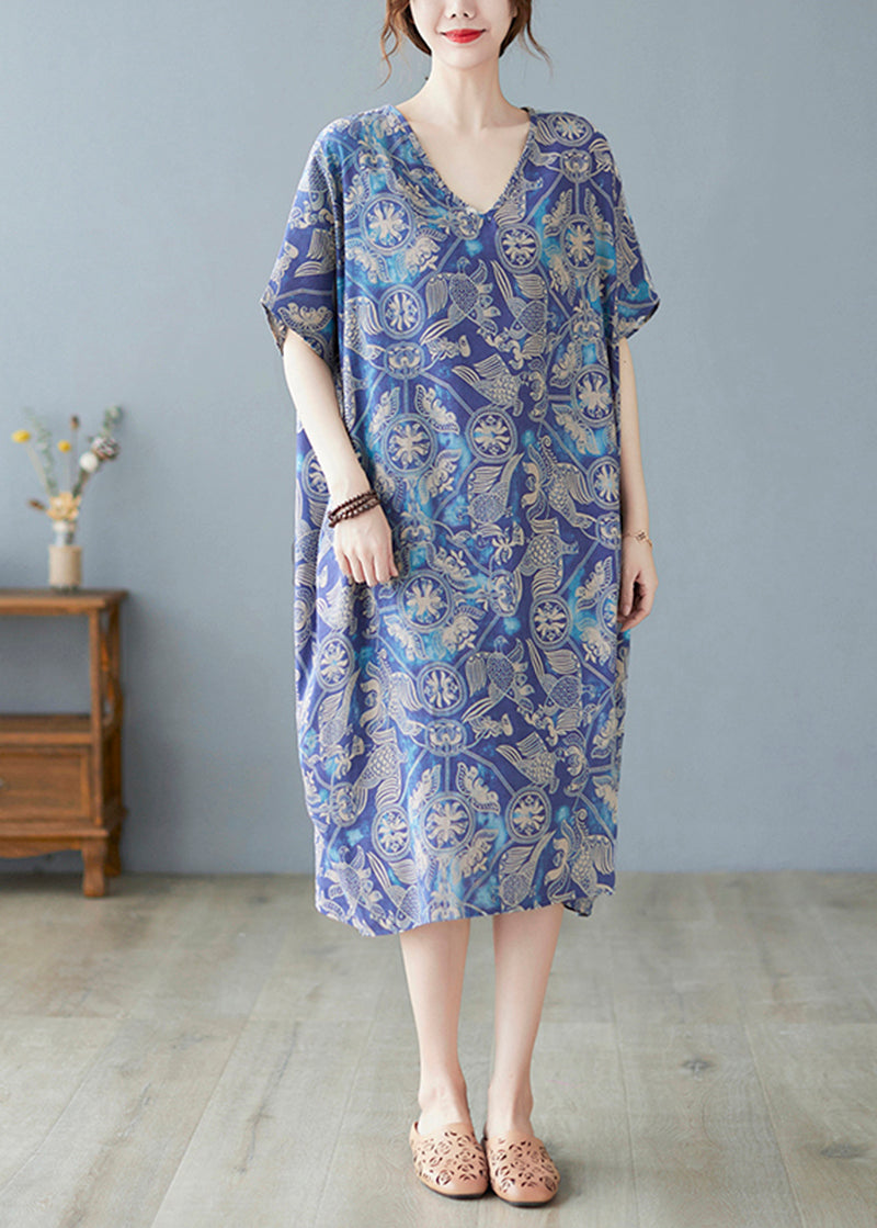 Crane Print V-Neck Short Sleeve Drop Shoulder Oversized Shift Midi Dress