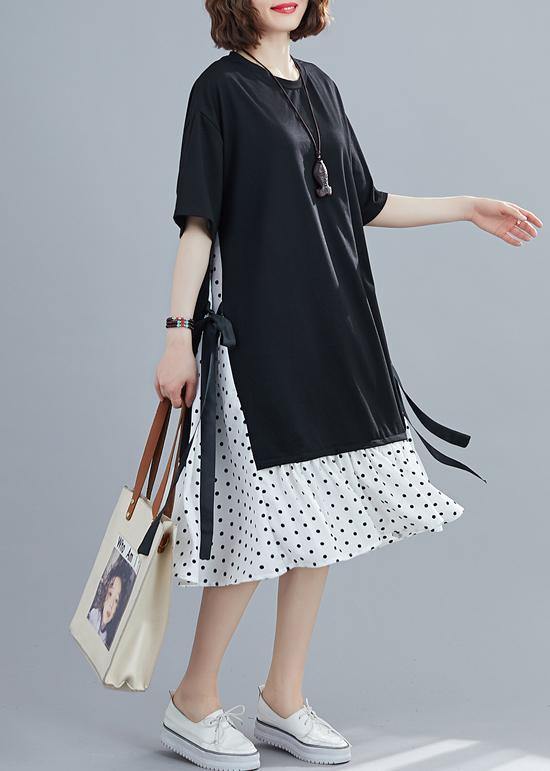 Polka Dot Panel Crew Neck Short Sleeve Side Tie Ruffle Hem Midi Dress
