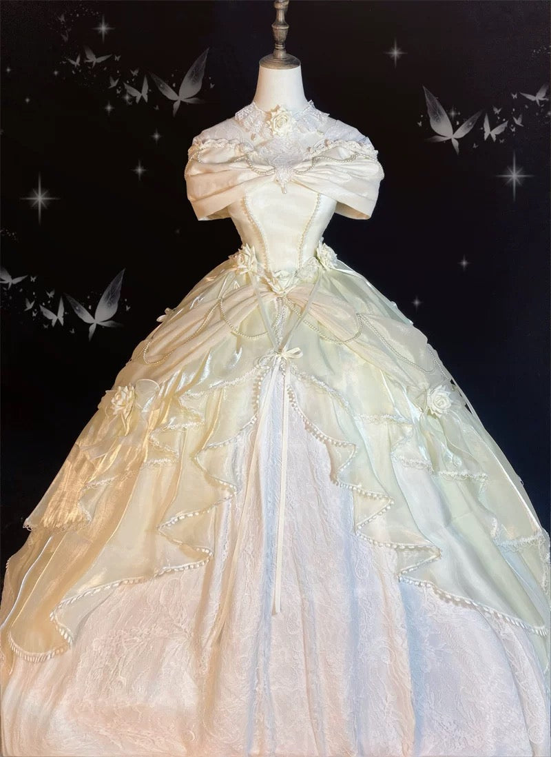 Pretty Ball Gown Sweetheart Satin Short Sleeves Long Evening Gown Prom Dresses SD1433