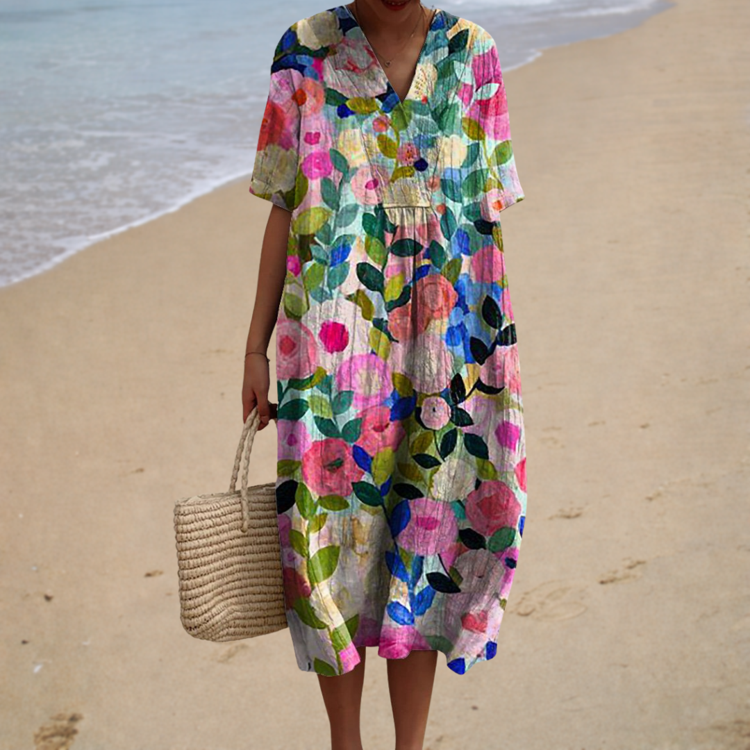 Floral Print V-Neck Short Sleeve Oversized Midi Dress