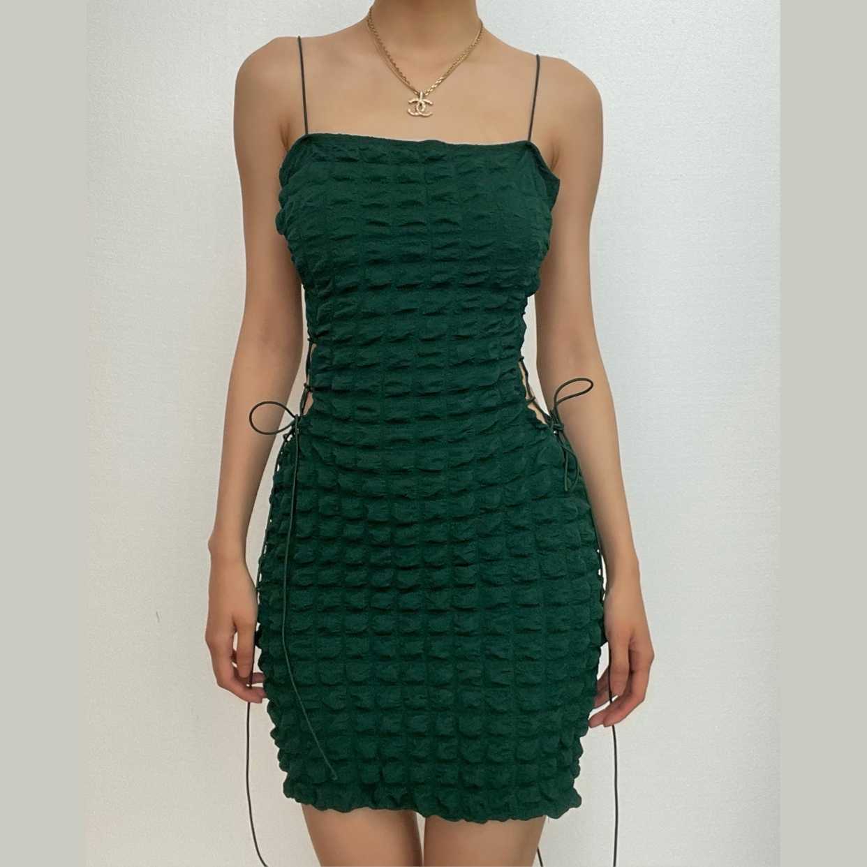 Waffle solid lace up spaghetti strap backless mini dress 2