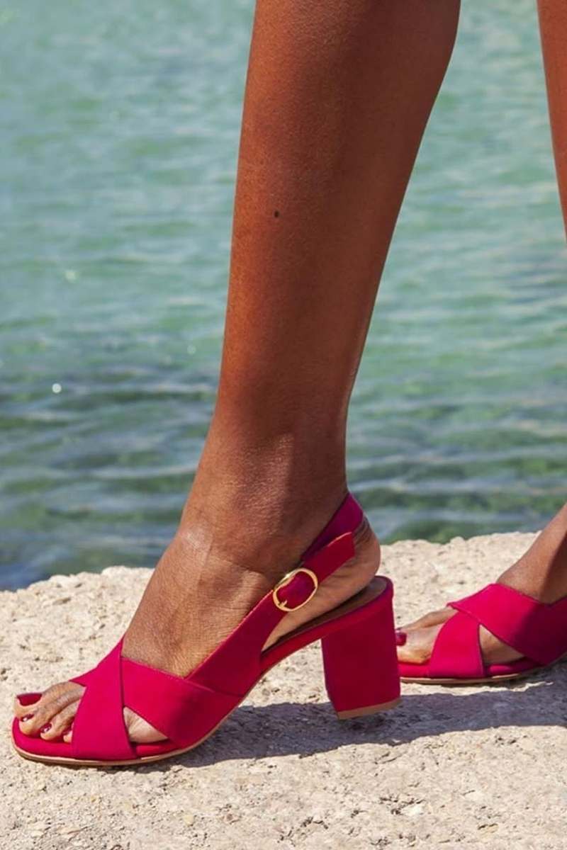 Suede-Look Open Toe Cross Strap Slingback Block Heel Sandals