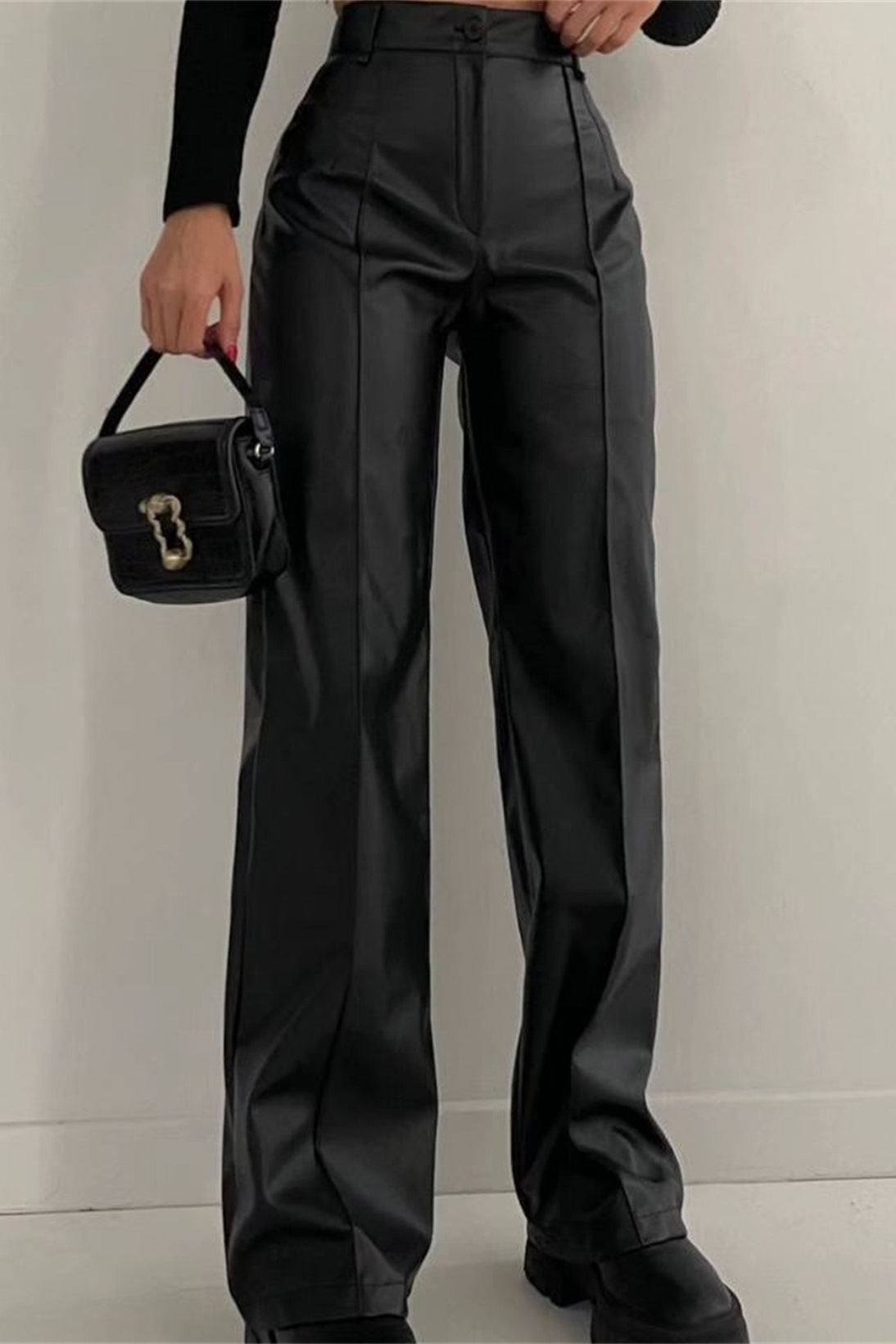 High Waist Faux Leather Front Seam Straight Leg Pants 2