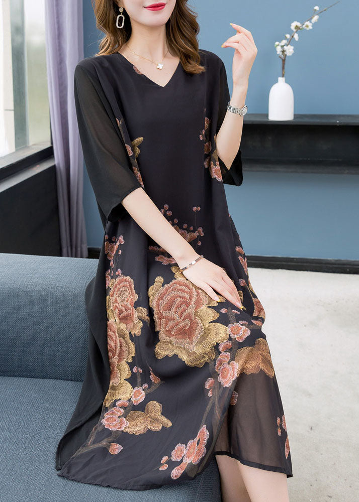 Floral Embroidery V-Neck Sheer Chiffon Sleeve Overlay Midi Dress