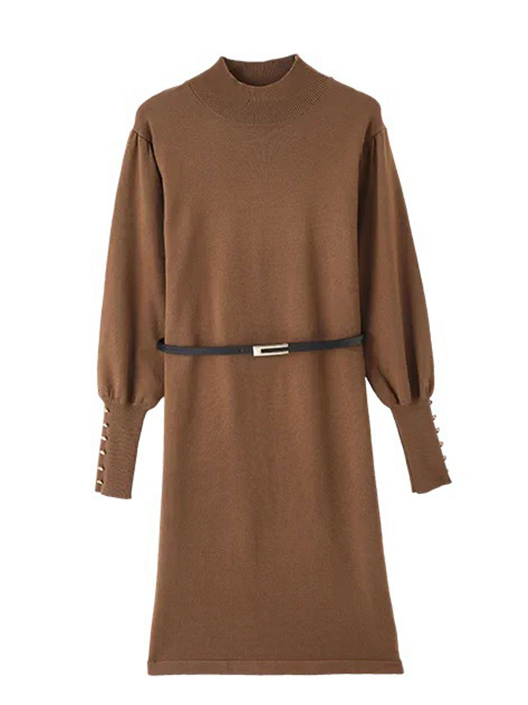 Knit Mock Neck Puff Sleeve Button Cuff Midi Dress