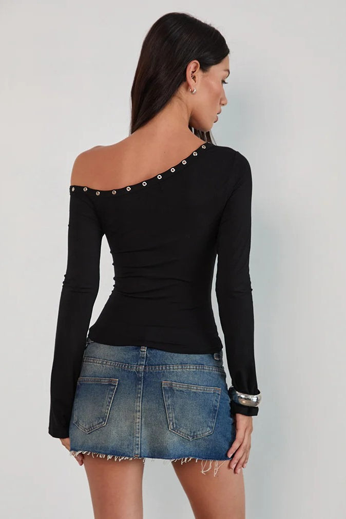 Studded Rhinestone One Shoulder Long Sleeve Top