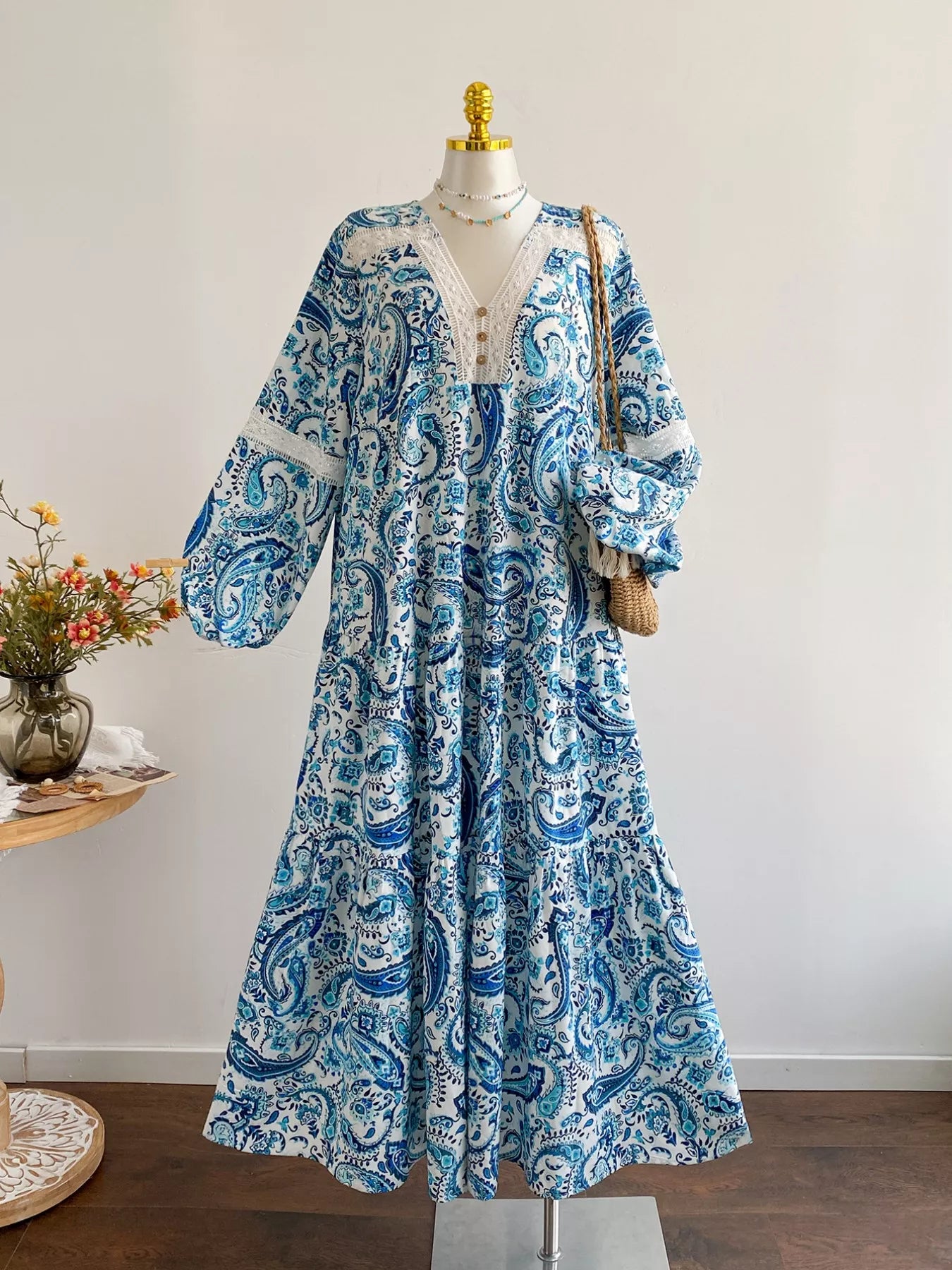 Plus Size Bohemian Paisley Print V-Neck Dress Sky Blue