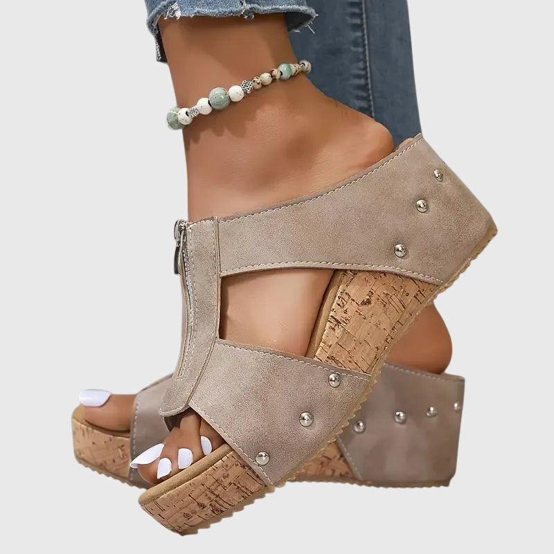 Open Toe Zip Front Cork Platform Wedge Mules 5