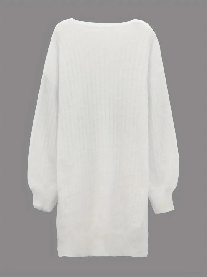 Eyelash Rib Knit V-Neck Long Bell Sleeve Mini Sweater Dress