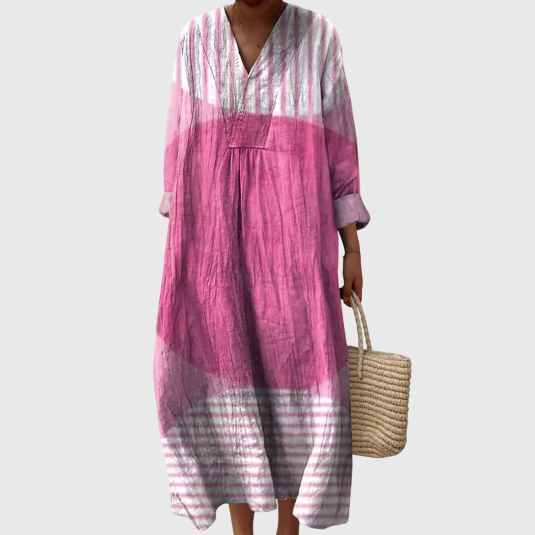 V-Neck Long Sleeve Striped Patchwork Maxi Dress