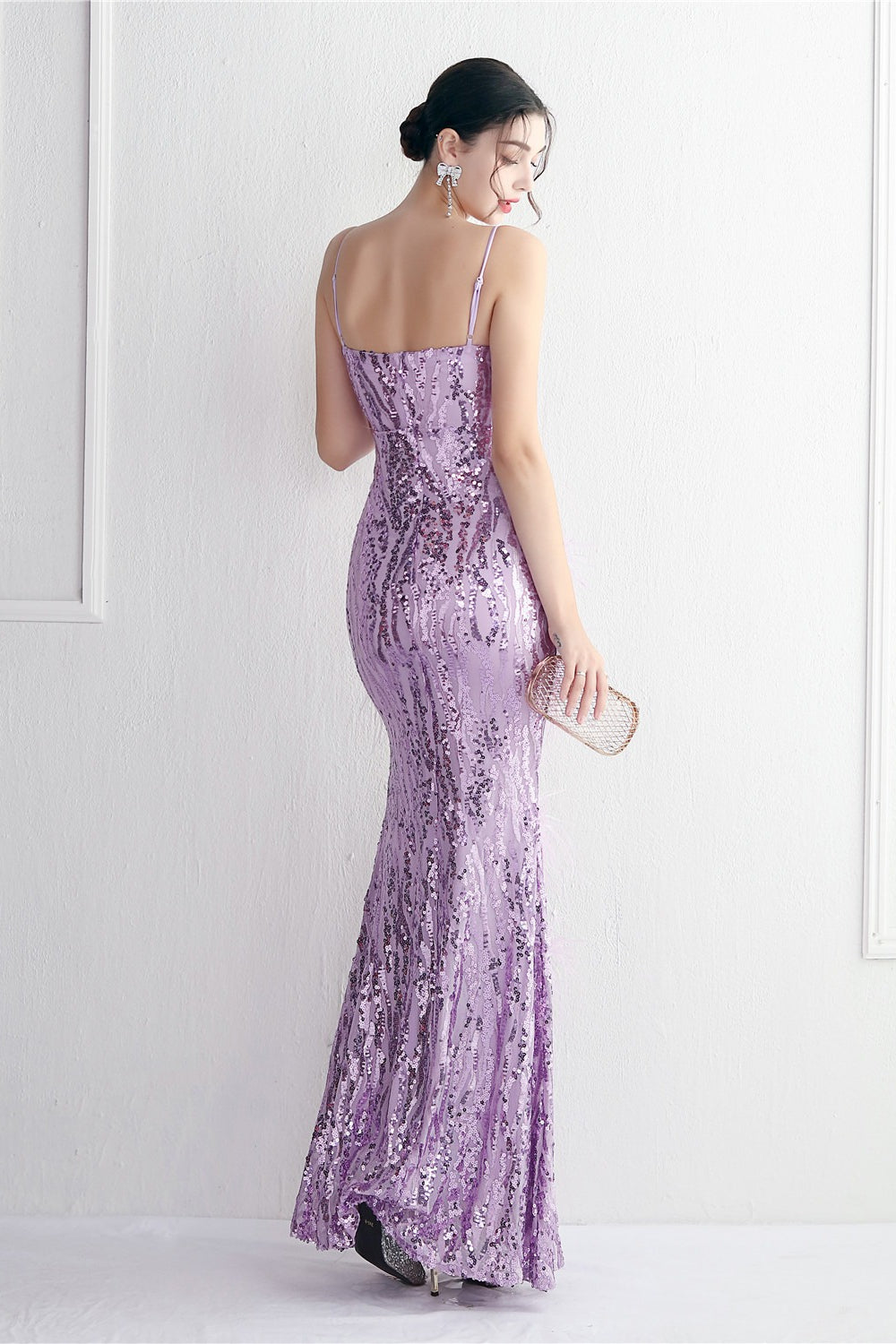 Sequin Deep V-Neck Spaghetti Strap Feather High Split Gown