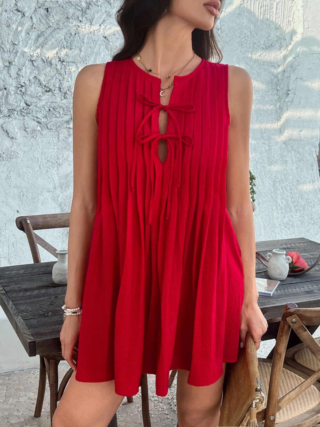 Pintuck Pleated Tie Front Keyhole Sleeveless Shift Mini Dress 17