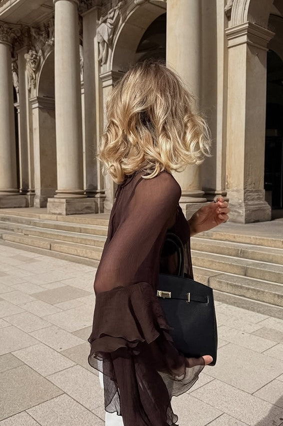 Sheer Retro Chiffon Flare Sleeve Long Sleeve Top