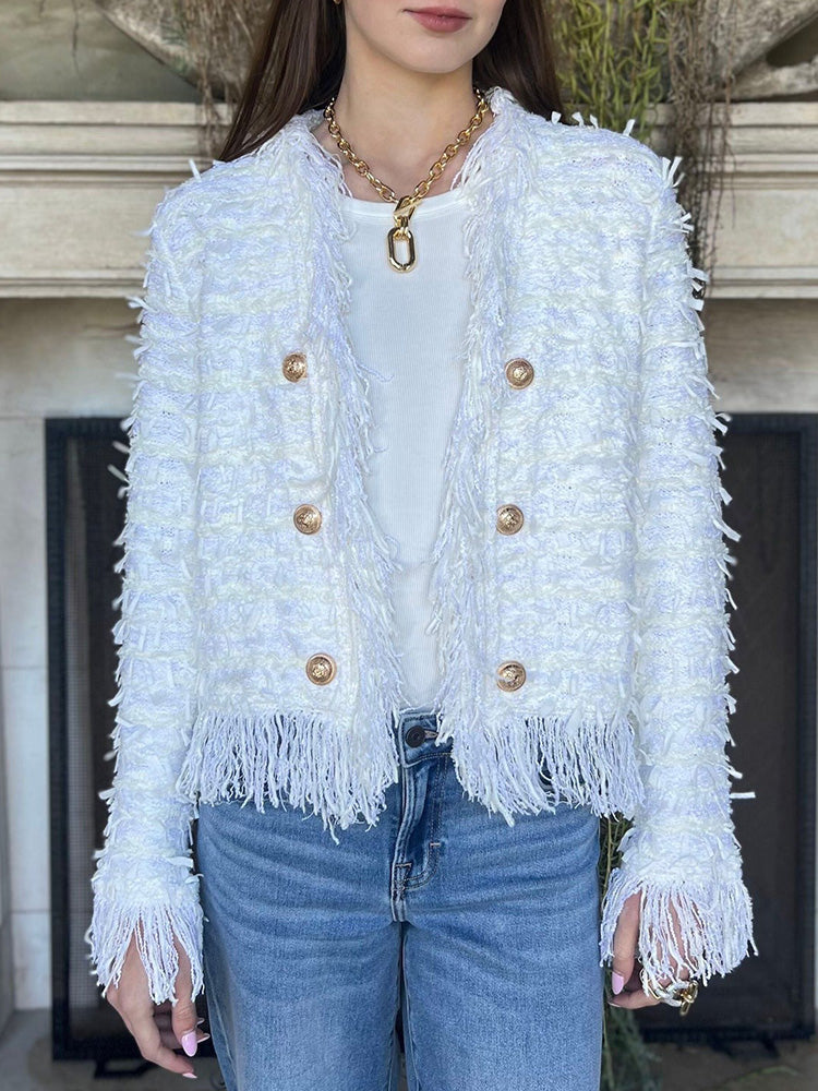 Fringe Trim Gold Button Tweed Jacket
