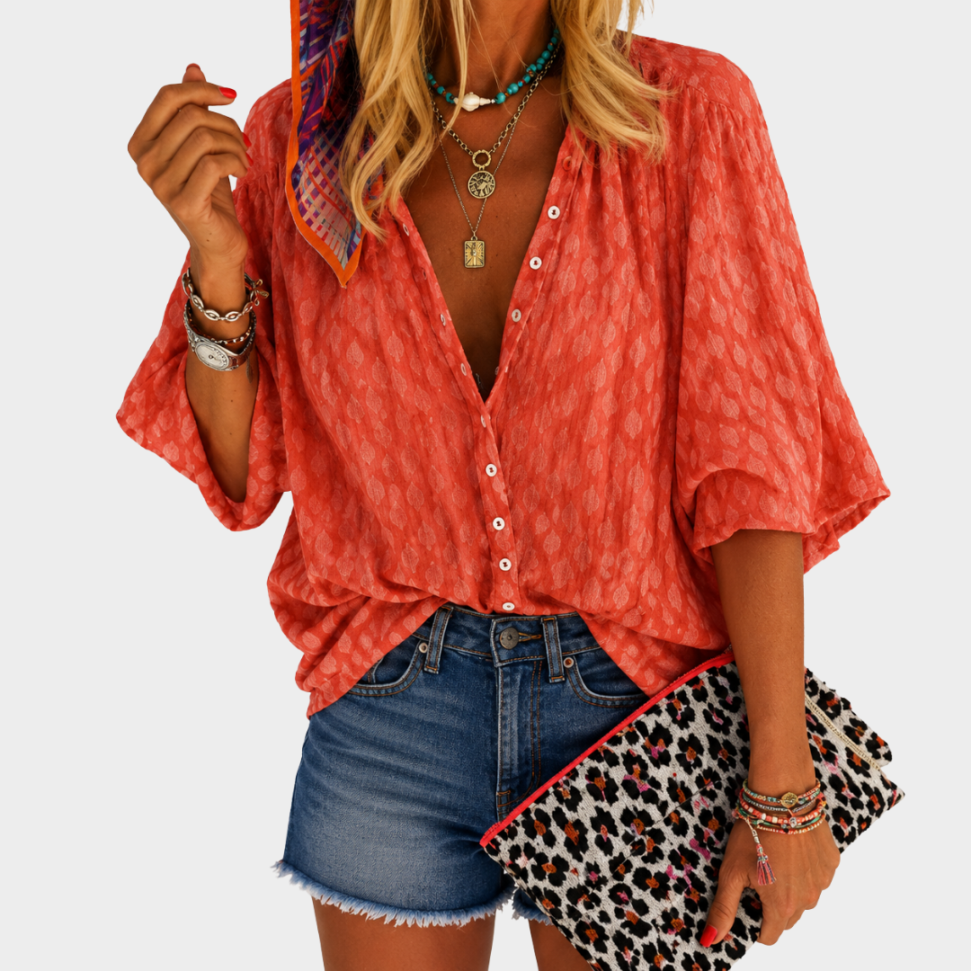 Swiss Dot V-Neck Half Sleeve Button Front Blouse