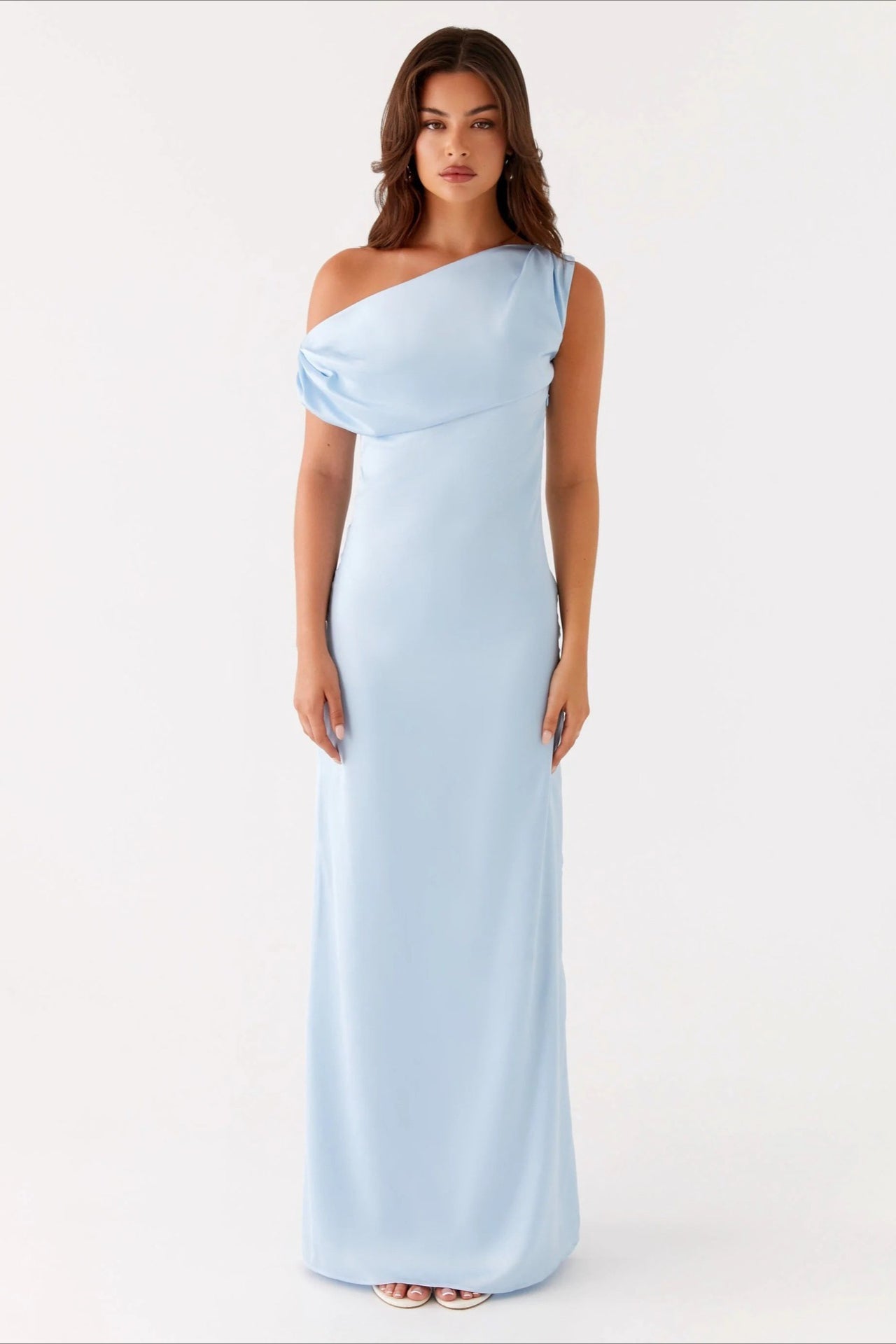 Satin Asymmetric One Shoulder Ruched Maxi Gown