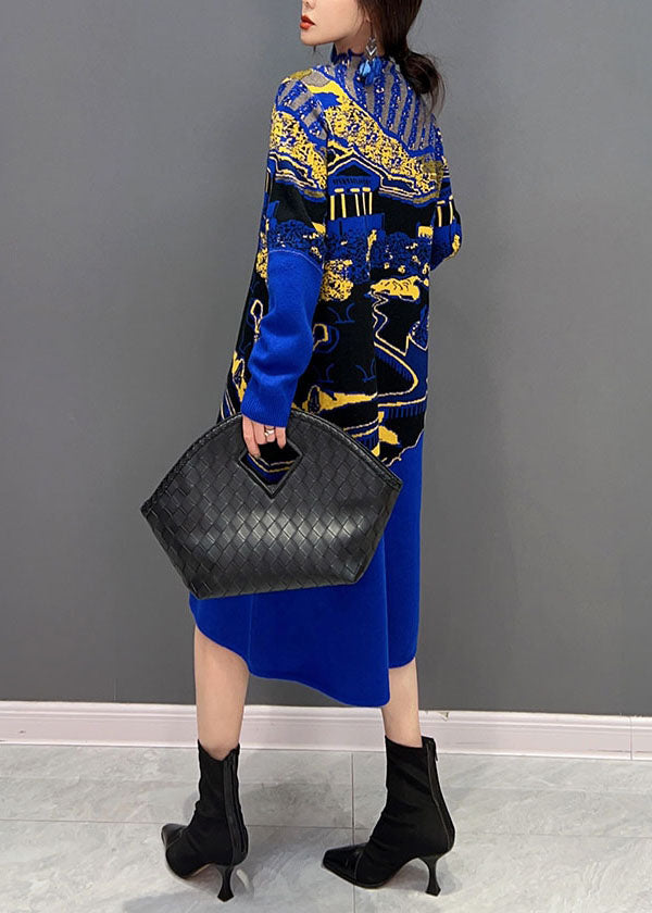 Landscape Graphic Print Mesh Insert Mock Neck Long Sleeve Knit Midi Dress