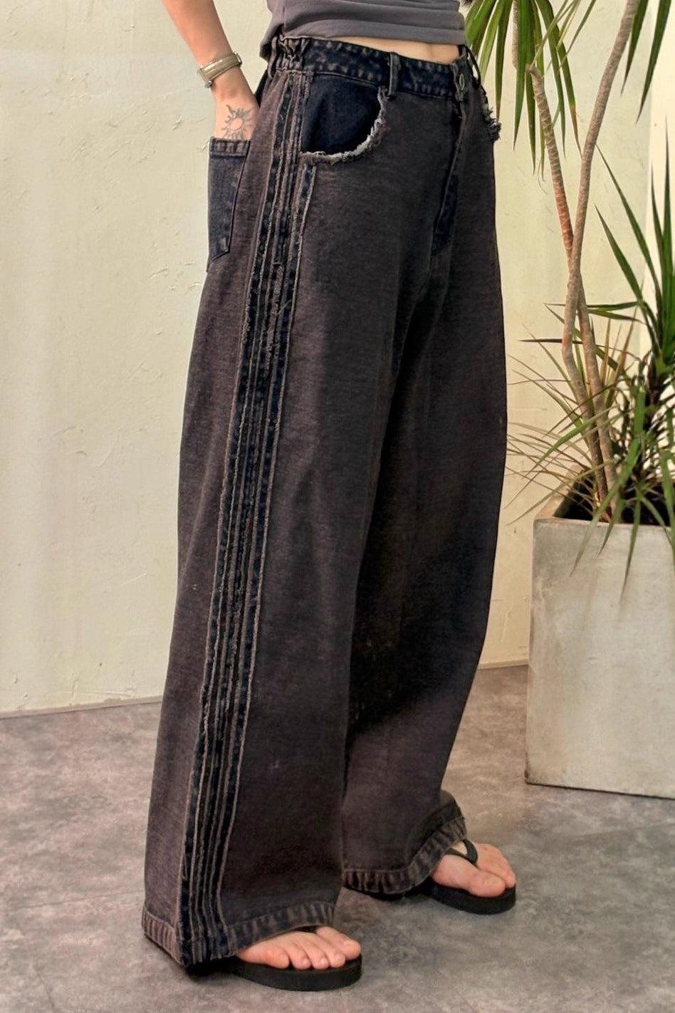 Striped Color Block Drawstring Loose Wide Leg Straight Jeans
