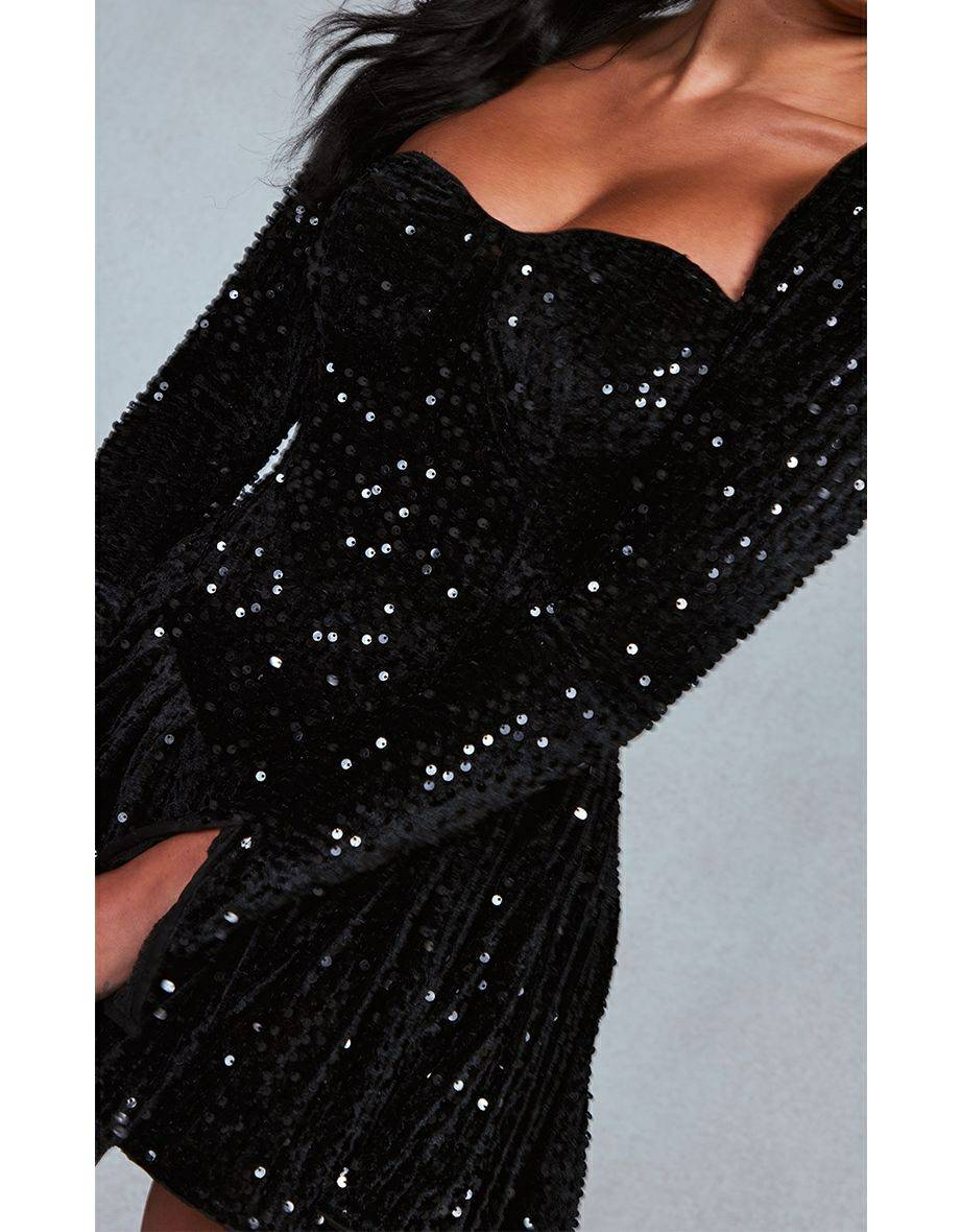 Sequin Velvet Square Neck Long Sleeve Fit and Flare Mini Dress