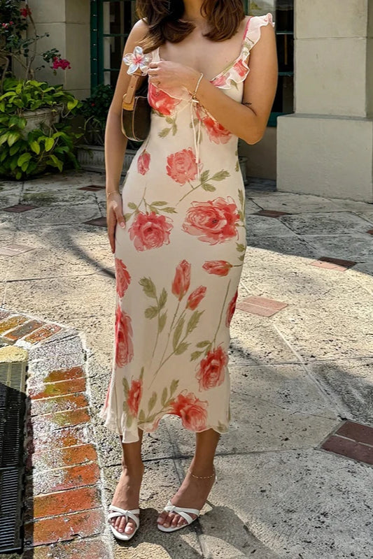 Floral V-Neck Tie Front Bias Cut Midi Dress