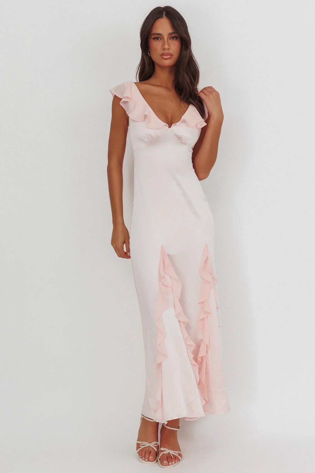 Satin V-Neck Ruffle Sleeve Ruffle Panel Maxi Dress 5