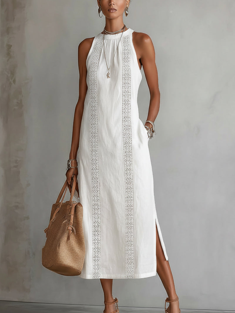 Halter Neck Crochet Trim Side Split Maxi Dress