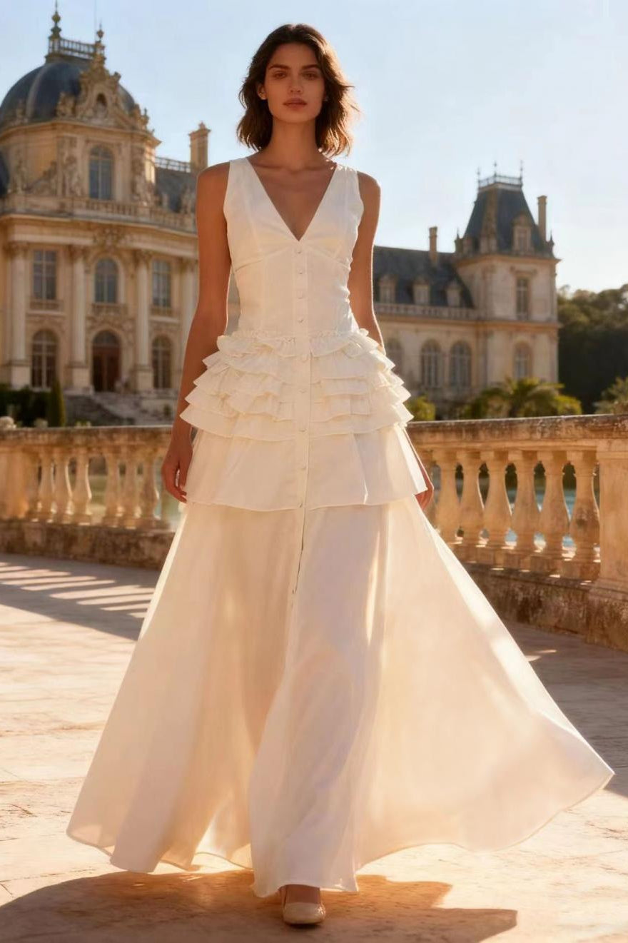 Deep V-Neck Sleeveless Corset Tiered Fit and Flare Midi Dress