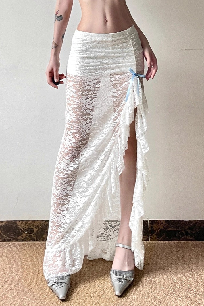 Sheer Lace Ruffle High Split Bow Detail Low Rise Maxi Skirt