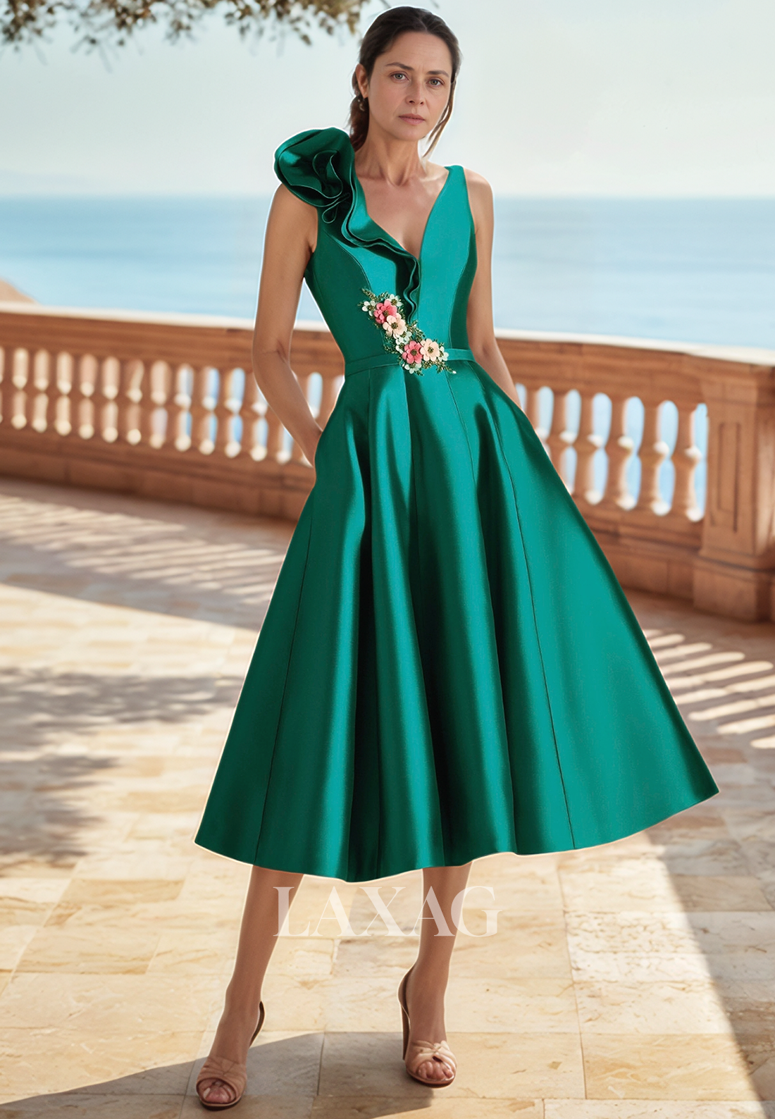 Deep V-Neck Off-Shoulder Sleeveless Cocktail Gowns Floral Embellished Midi A-Line Mother of the Bride Dress