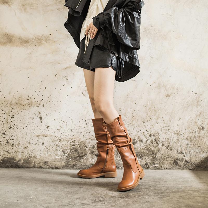 Waxing��Leather Knee High Boots Fold Design Riding Boots Black/Brown