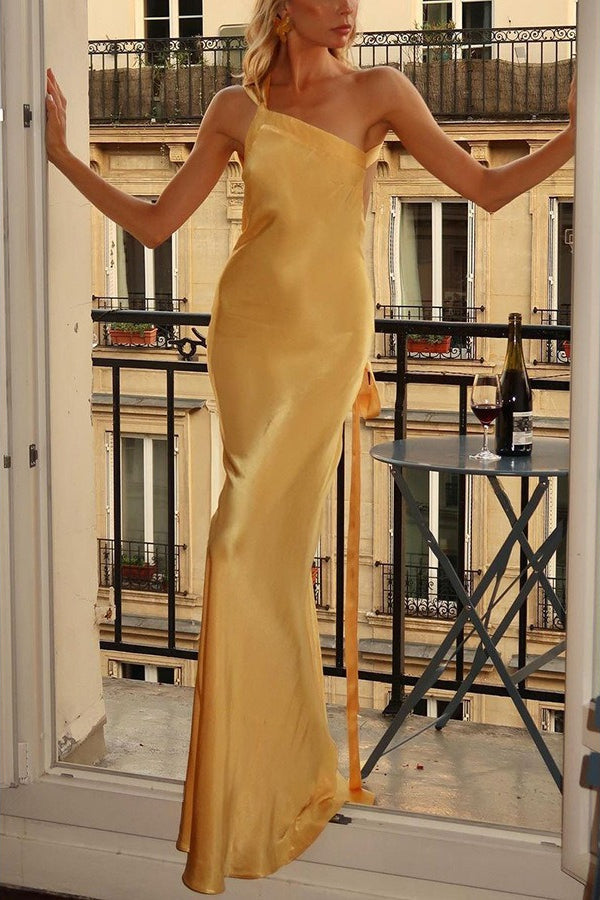 Satin One Shoulder Bias Cut Mermaid Formal Gown - View 5
