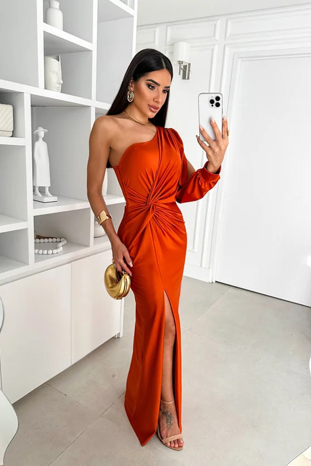 Satin One Shoulder Draped Bishop Sleeve Twist Waist Ruched High Split Midi Dress