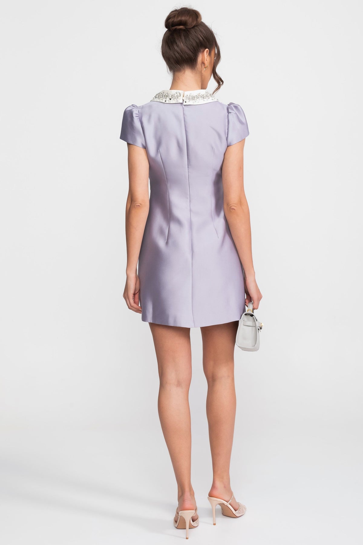 Satin Embellished Collar Cap Sleeve Bow Waist A-Line Mini Dress 3