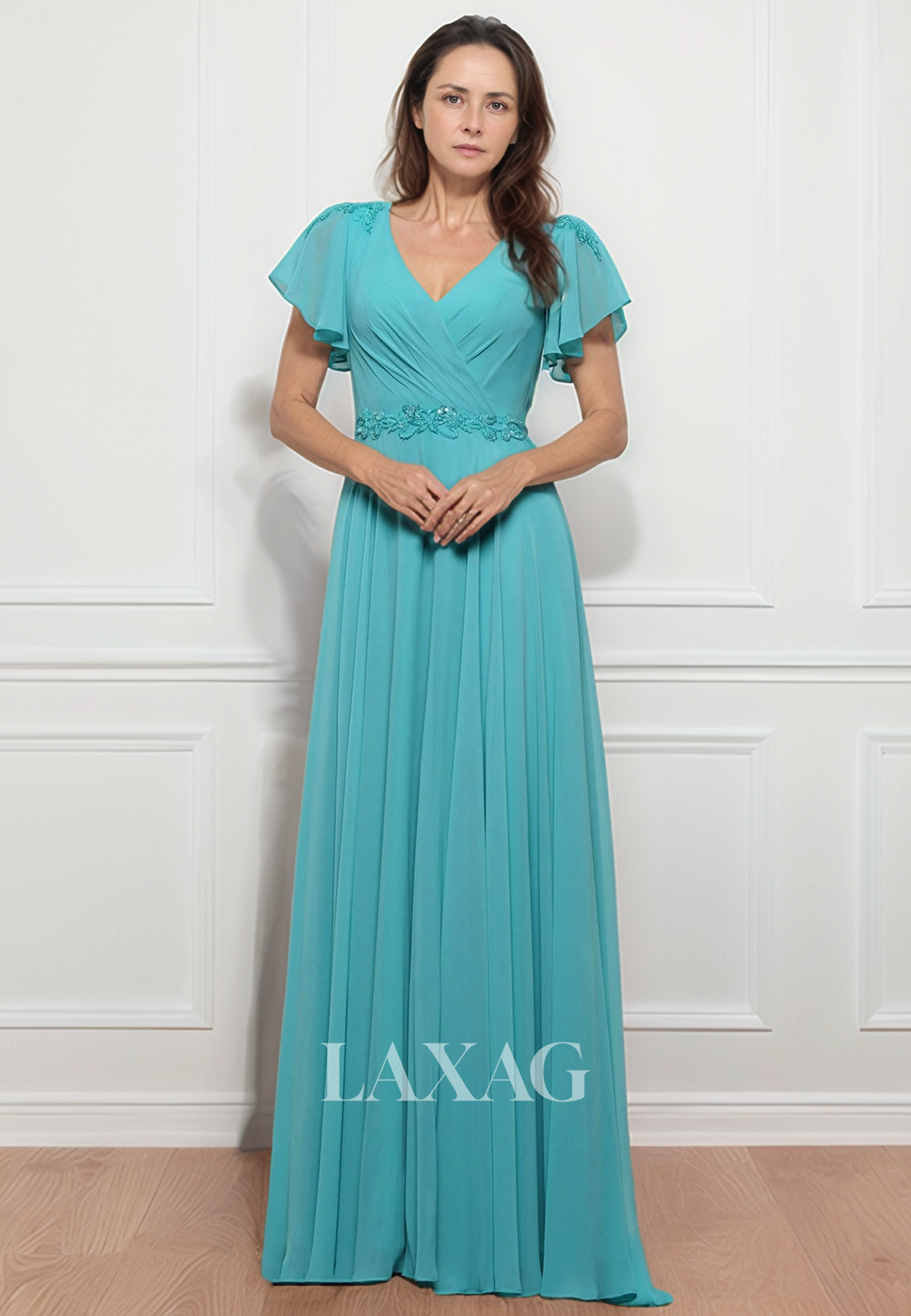 Cap-Sleeves V-Neck Sheer A-Line Mother of the Bride Dress Beaded Pleated Chiffon Cocktail Gowns