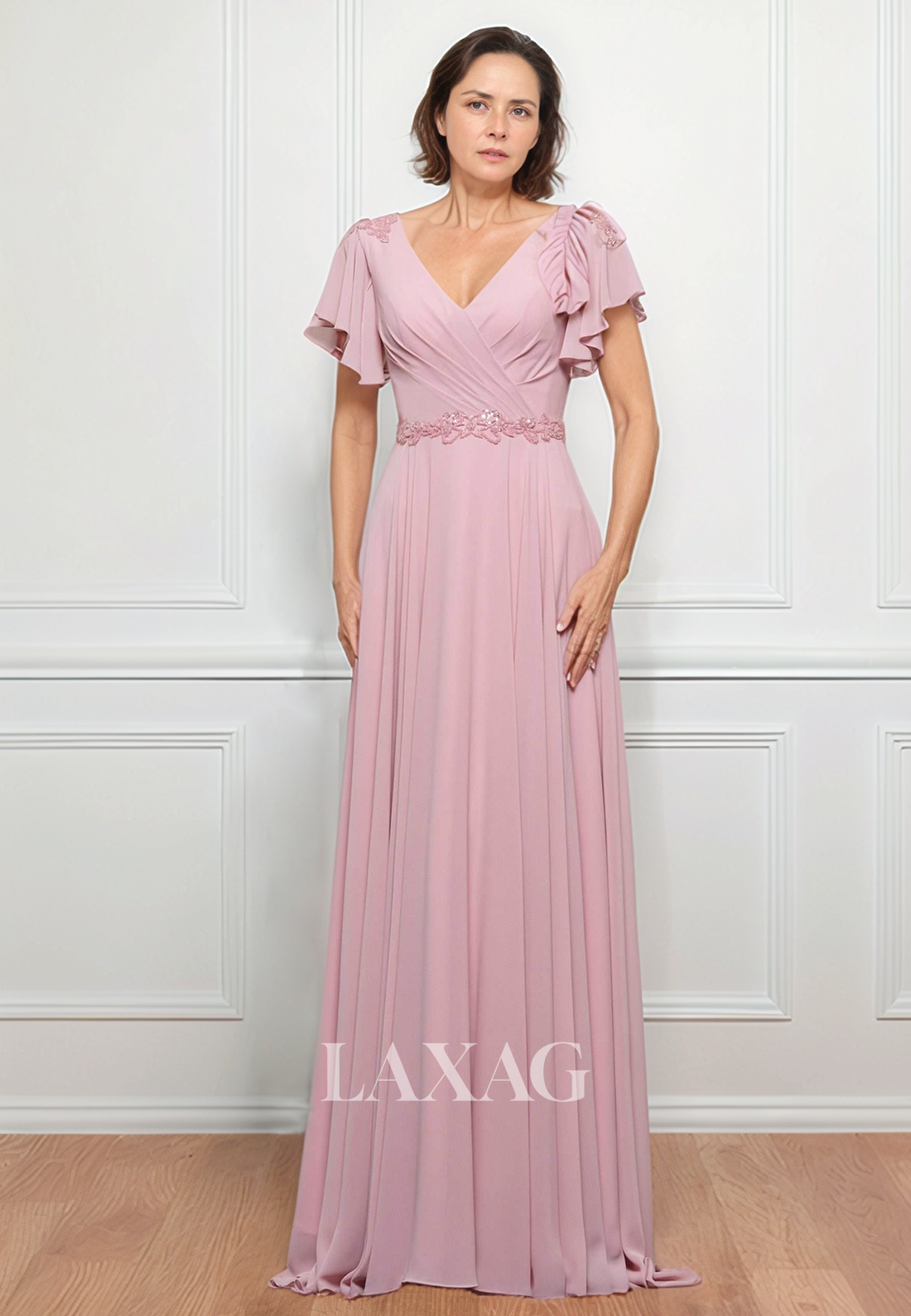 Cap-Sleeves V-Neck Sheer A-Line Mother of the Bride Dress Beaded Pleated Chiffon Cocktail Gowns