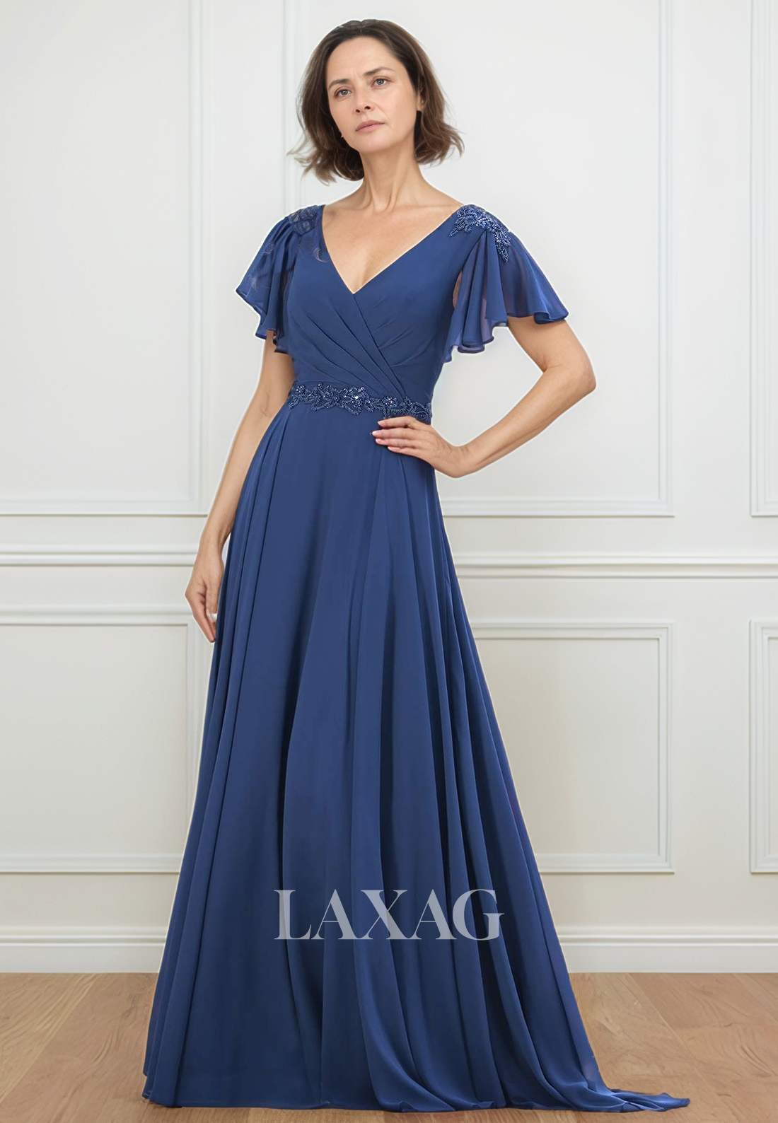 Cap-Sleeves V-Neck Sheer A-Line Mother of the Bride Dress Beaded Pleated Chiffon Cocktail Gowns