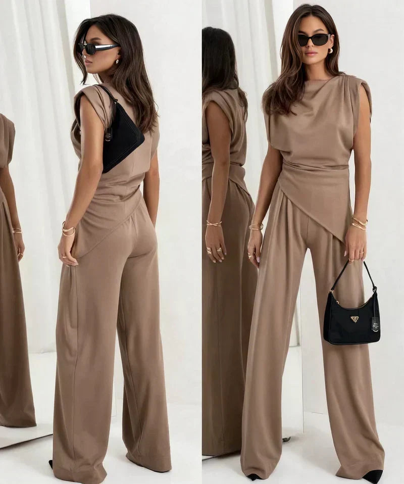Sleeveless Ruched Top and Wide Leg Pants Two Piece Set