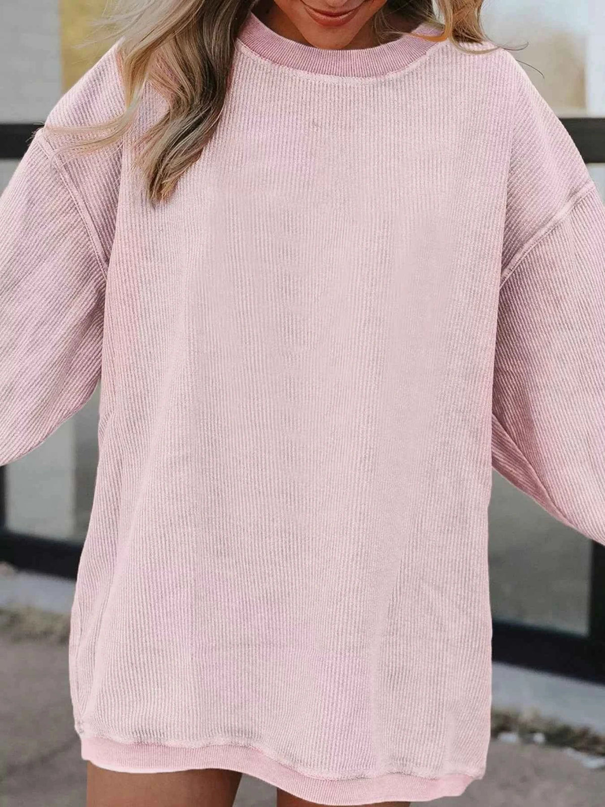 Crew Neck Drop Shoulder Ribbed Corduroy Oversized Sweatshirt 4