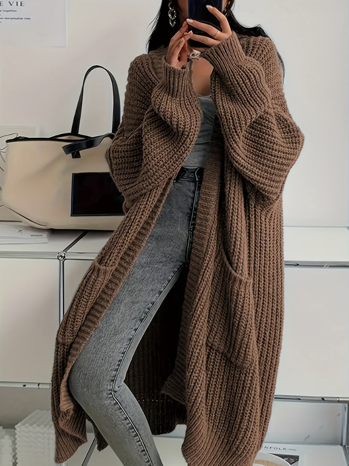 Waffle Knit Longline Open Front Cardigan