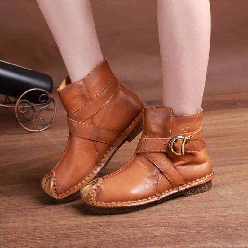 National Style Leather Short Boots For Women Buckle Decoration Green/Black/Brown