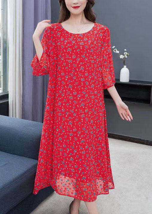 Ditsy Floral Print Chiffon Round Neck Three Quarter Sleeve A-Line Midi Dress