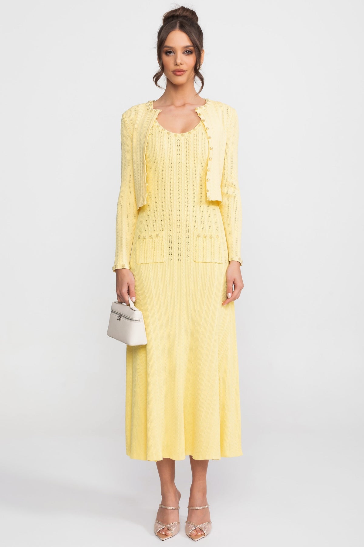 Ribbed Pointelle Pearl Button Cropped Cardigan Sleeveless Midi Dress Two-Piece Set - View 3