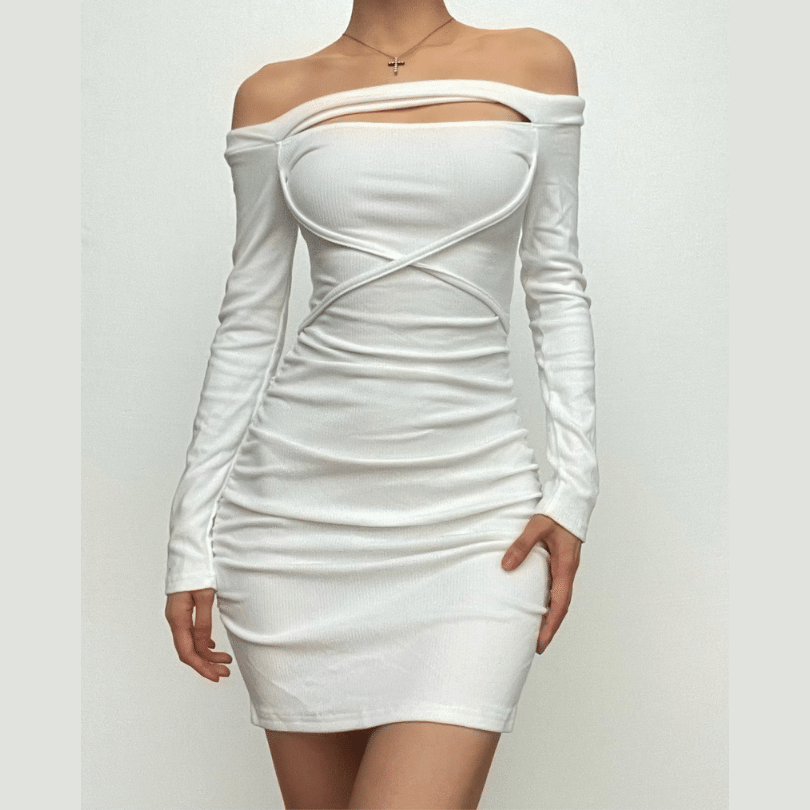 Ribbed Off Shoulder Cut Out Cross Strap Long Sleeve Ruched Mini Dress