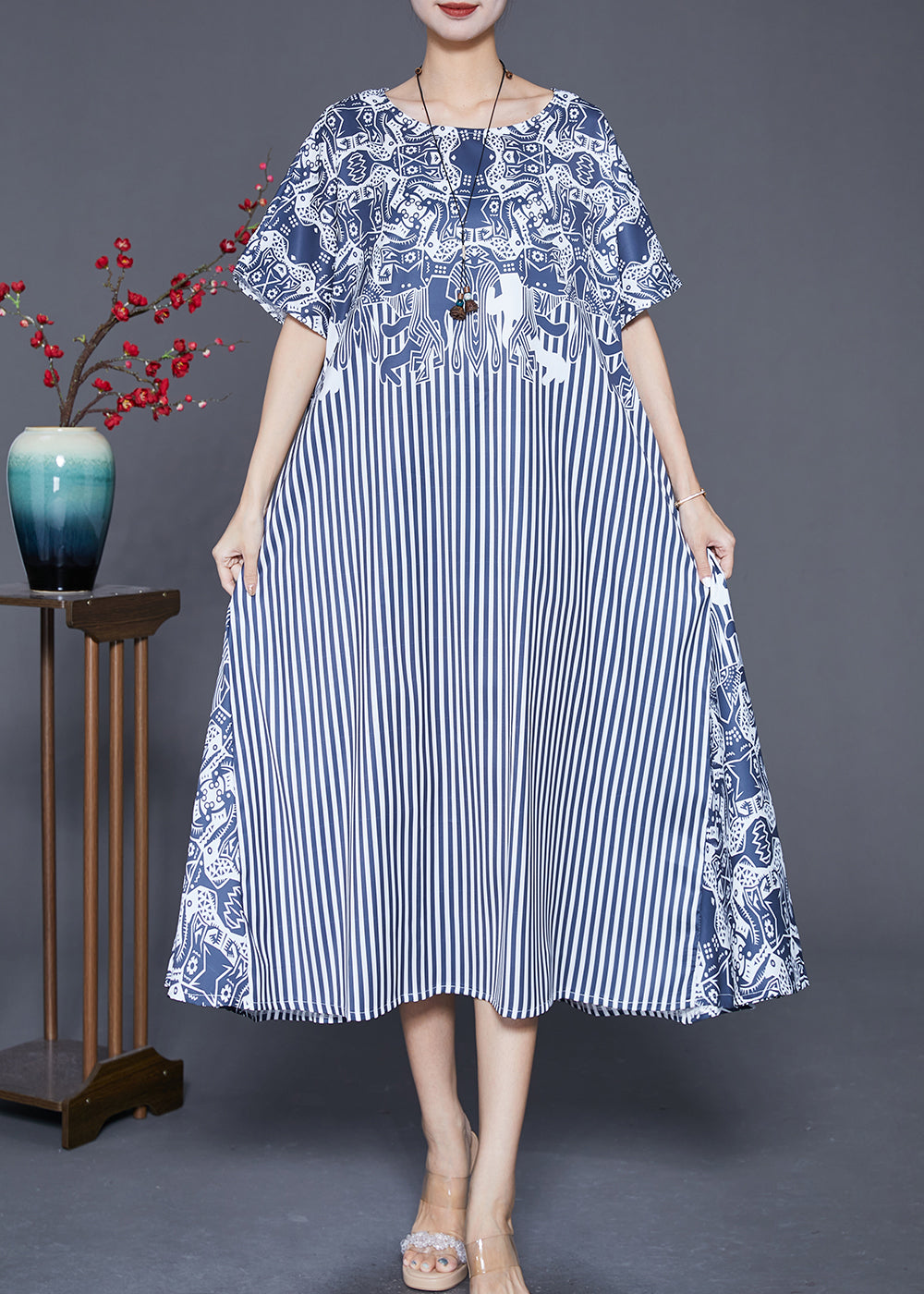 Mixed Print Folk Motif Vertical Stripe Patchwork Short Sleeve Round Neck Swing Midi Dress