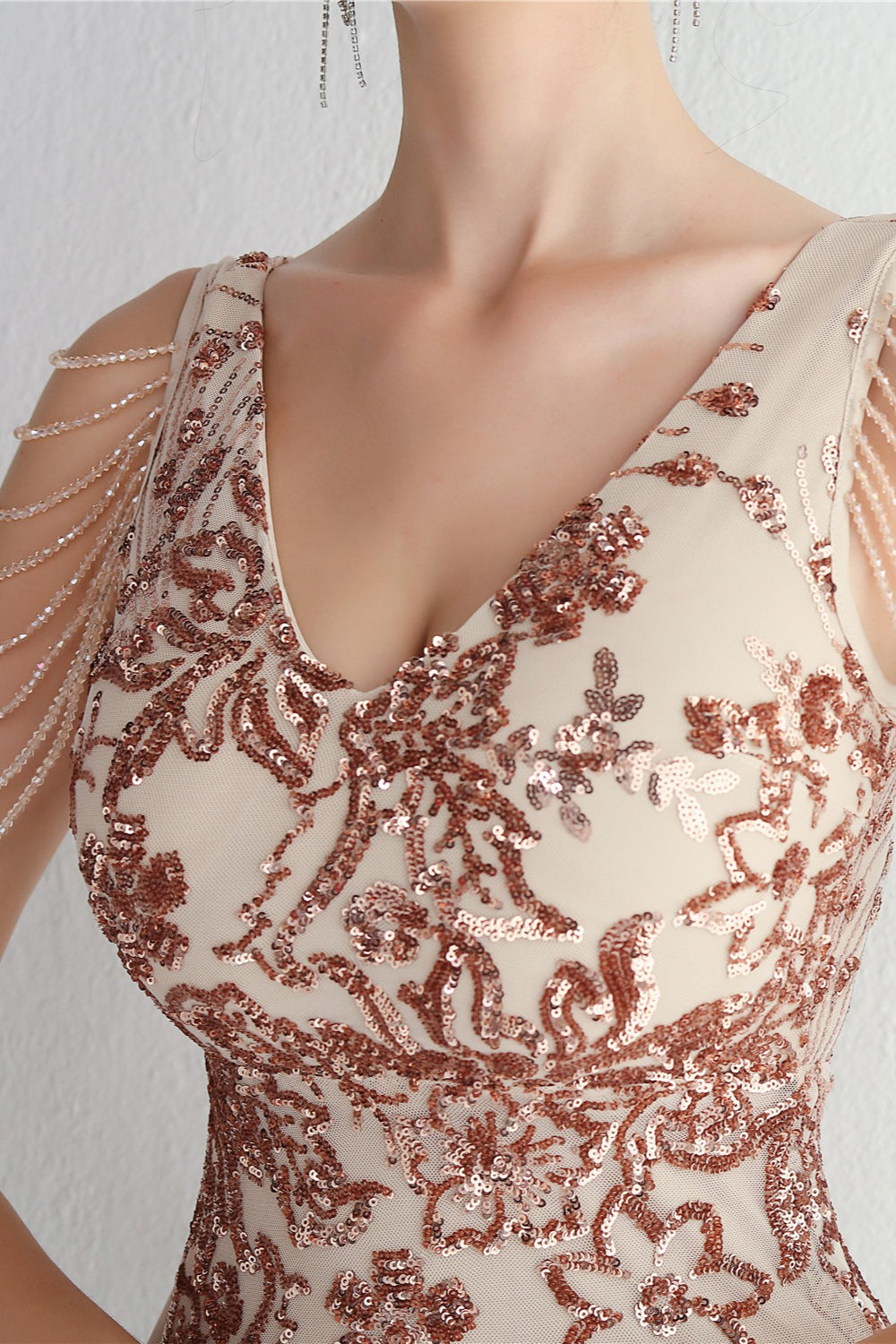 Sequin V-Neck Beaded Fringe Sleeve Mermaid Evening Gown